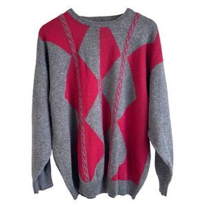 Pringle of Scotland Vintage Men's Grey and Red Wool Crewneck Sweater Size XL
